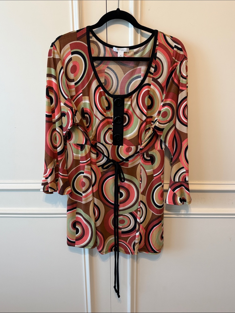 Dress Barn Retro Circle-Print Tie-Waist Tunic - Pink, Red, Brown, Green, Cream